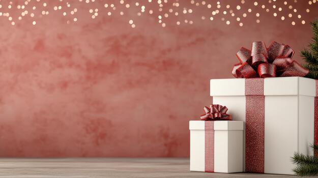 White gift boxes with red ribbon and bow on festive background, warm mood photo