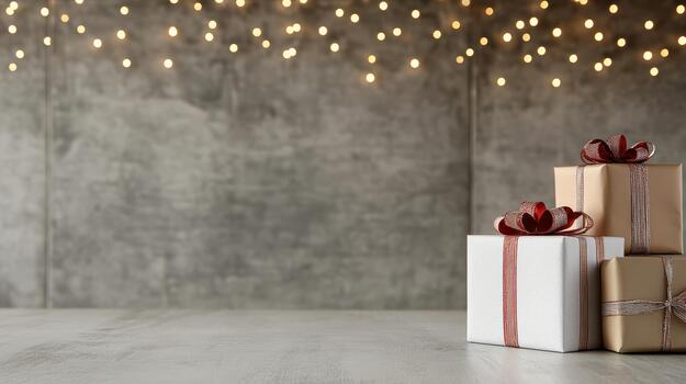 envuelto regalo cajas con rojo cinta y calentar cuerda luces creando festivo acogedor estado animico foto
