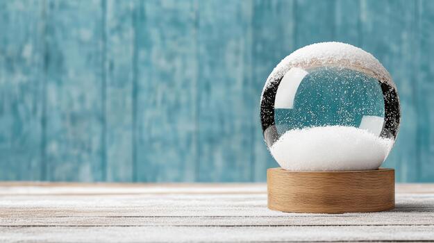 Festive snow globe on wooden base with sparkling snow and cozy mood photo