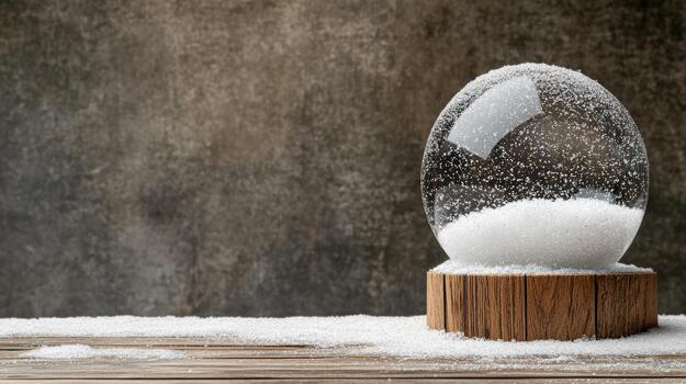 Snow globe on wooden base with scattered faux snow and textured background photo