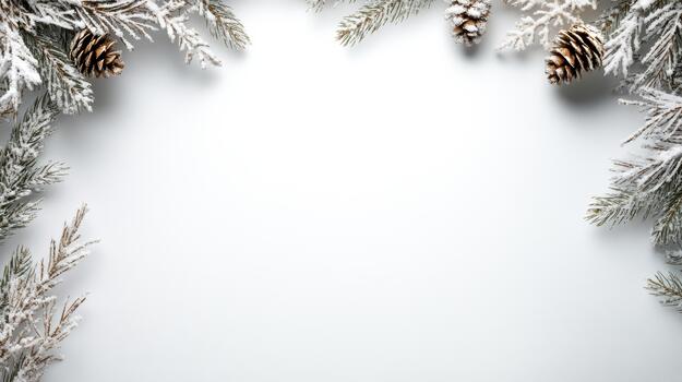 Snowy pine branches and frosted pinecone border framing bright empty winter greeting space photo