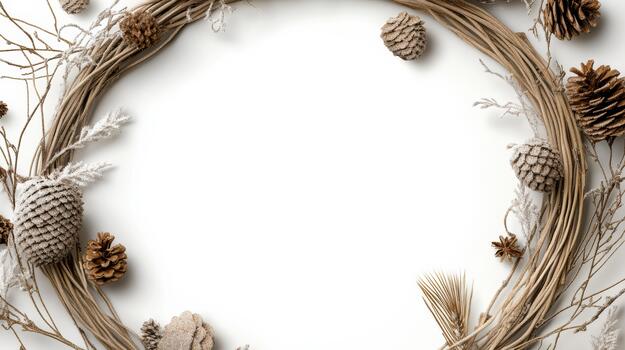 Winter wreath with frosted pinecone and twig frame evoking cozy holiday calm photo