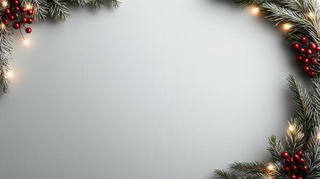 Festive wreath pine branches red berries warm lights, cozy holiday frame with frosted greenery photo