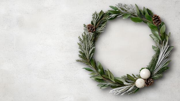 Festive wreath with frosted greenery and pine cones on neutral background photo