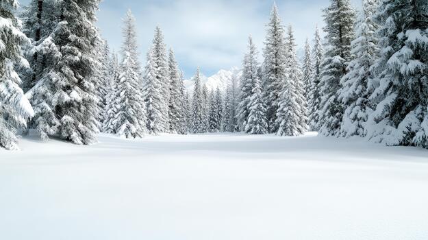 Fresh snow winter forest with sunlit frosted pine trees and serene mood photo