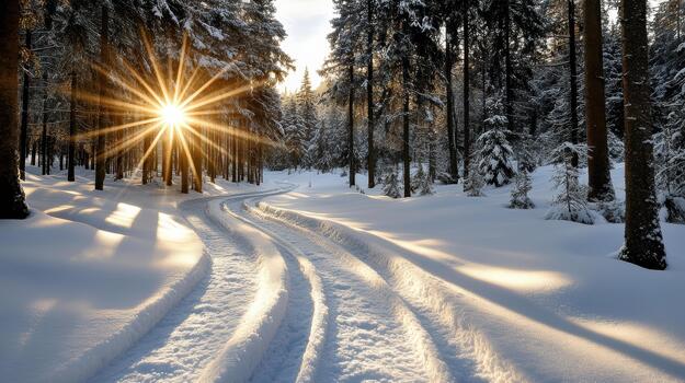 Snowy forest trail at sunrise with warm light and soft shadows photo