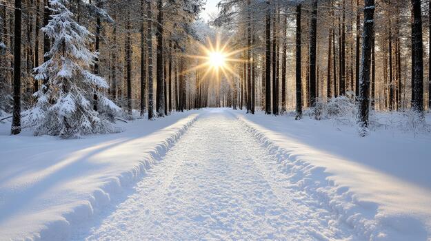 Snowy forest pathway with golden sunburst shining through tall pine trees, serene winter light photo