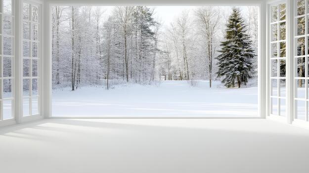 invierno paisaje con nieve cubierto arboles y abierto ventana foto