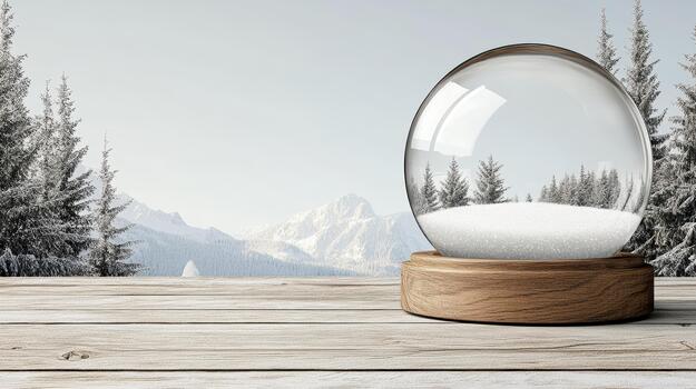 A snow globe on a wooden table with a snowy mountain in the background photo