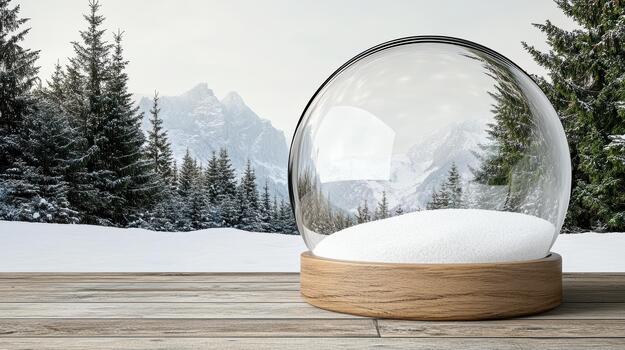 A snow globe sitting on a wooden table with trees in the background photo