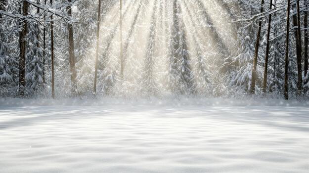 Winter forest background with sun rays in the sky photo
