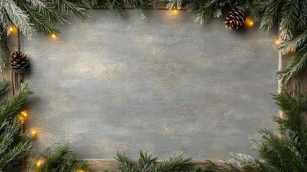 Christmas frame with fir branches and garland on a wooden background photo