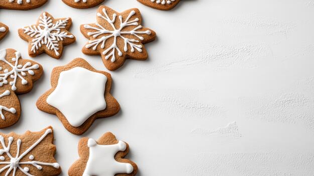 Gingerbread cookies with white icing snowflake and star shapes white background, festive cozy photo