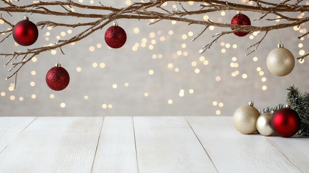 Festive red and gold bauble ornaments hanging from frosted branches with warm bokeh lights photo