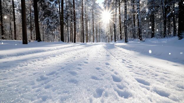 Snowy forest path with sunburst through tall trees, serene winter light and glittering snow photo