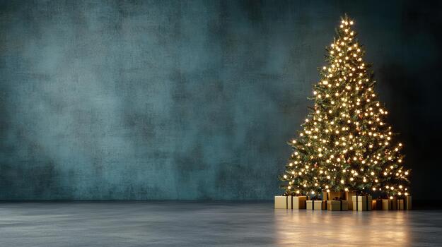 Glowing Christmas tree with wrapped gift boxes and warm lights in empty room photo