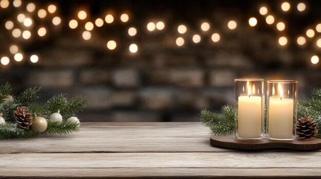 acogedor fiesta mesa con brillante velas pino rama y bokeh luces, calentar festivo estado animico foto