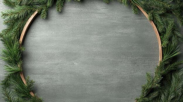 Green wreath pine branch circle frame on textured gray background, festive calm mood photo