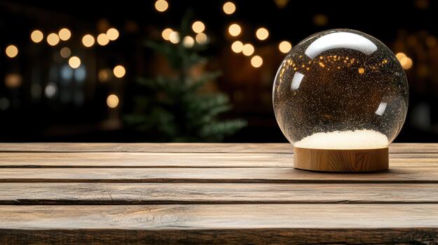 A snow globe on a wooden table with lights photo