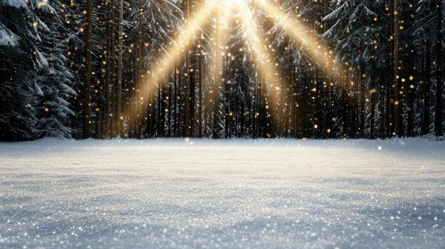 Sparkling snow winter forest golden light snowfall snow field evergreen tree snowflake sunbeam photo