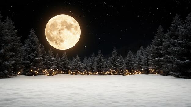 Full moon over snowy pine forest with warm lights and starry night creating peaceful atmosphere photo