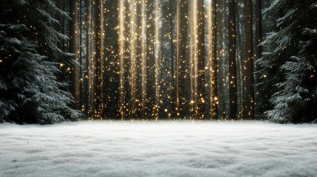 Glowing winter forest with sparkling light beams and snow covered ground evoking calm wonder photo