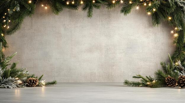 Evergreen garland pine cone string light festive winter scene glowing warmth photo