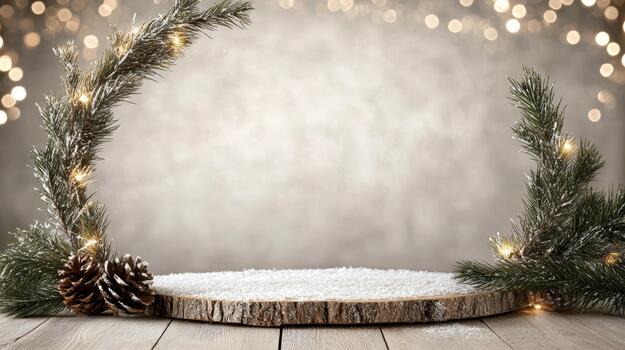 Snowy wooden display platform framed by glowing pine wreath and pinecone photo