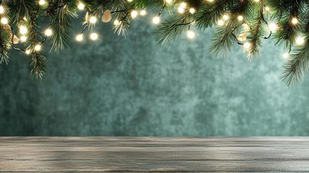 hojas perennes rama cuerda ligero de madera mesa bokeh festivo fiesta Navidad invierno foto