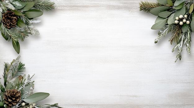 Nevado hojas perennes guirnalda con piña y eucalipto acentos, rústico fiesta marco con suave foto