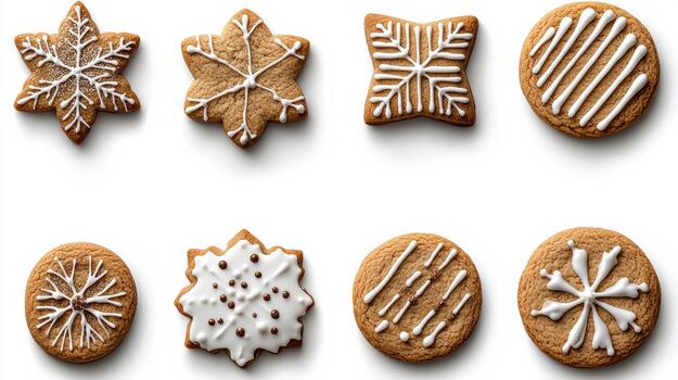 Gingerbread cookies with white icing snowflake and round shapes, festive and cozy photo