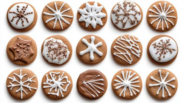 Iced ginger cookie assortment with festive snowflake icing and joyful holiday style photo