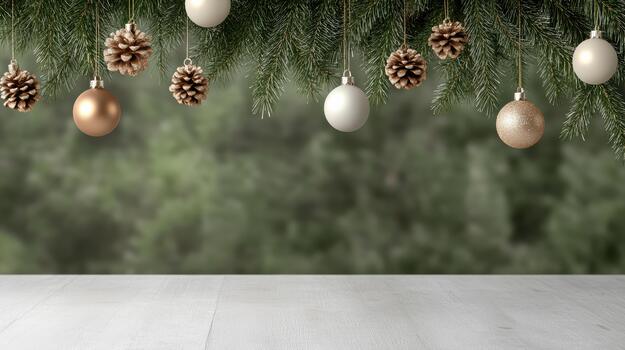 elegante pino rama con colgando chuchería y piña adornos creando festivo fiesta ambiente foto