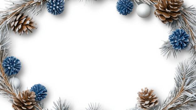 Frosted pine wreath with blue and white ornaments framing empty center, festive calm mood photo