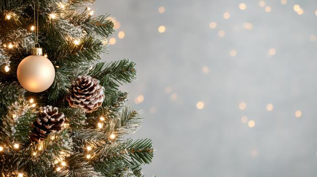 Navidad árbol rama con escarchado piña y calentar luces creando acogedor festivo resplandor foto