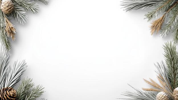 Frosted pine wreath border with cones and dried grass creating serene holiday frame photo