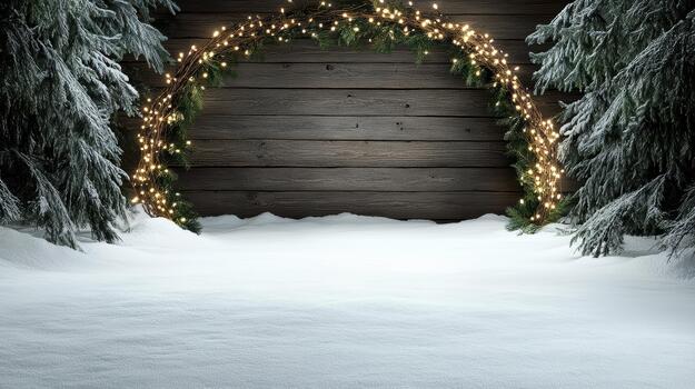Snowy wooden backdrop with illuminated wreath arch and frosted pine trees creating cozy holiday photo