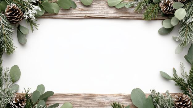 Winter eucalyptus and pine border with pinecone accents creating festive rustic calm photo