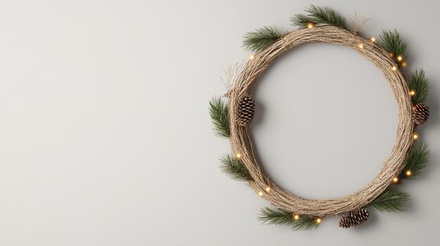 Rustic wreath with pinecone and warm lights, minimal holiday decor natural charm photo