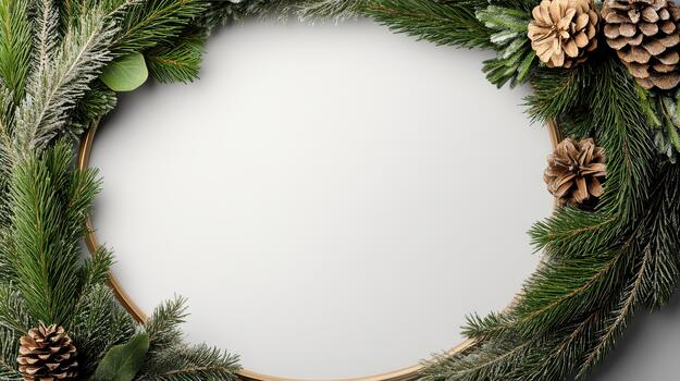 Pine wreath evergreen pinecone frame with frosted needles and festive mood photo