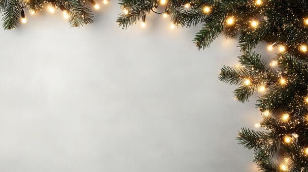 Festive pine branch garland with warm string lights creating cozy holiday glow photo