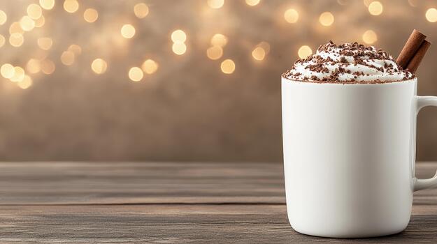 Hot chocolate with whipped cream and cinnamon on wooden table with bokeh lights photo