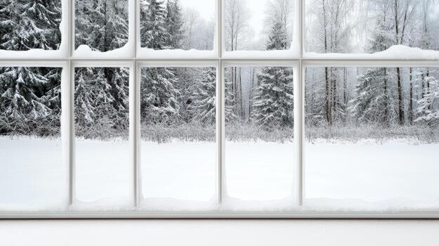 Snowy window view overlooking frosted forest and serene winter field photo