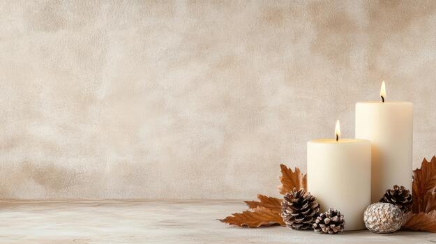 calmante vela arreglo con pino cono y otoño hojas creando calentar resplandor foto