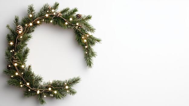 Evergreen wreath with pinecone accents and warm string lights, festive cozy mood photo