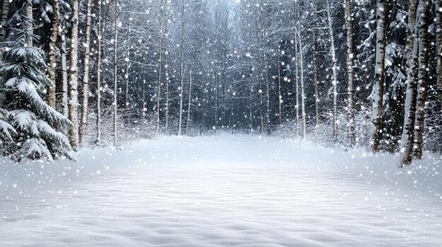 Winter forest background with snow falling down on the path photo