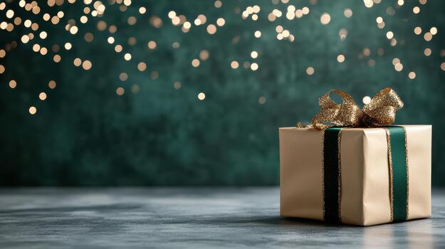 regalo caja con cinta y arco en verde antecedentes con bokeh efecto foto