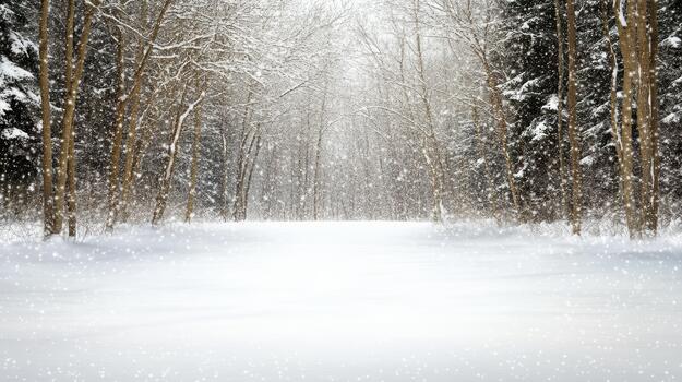 Winter landscape with snow falling on the trees photo