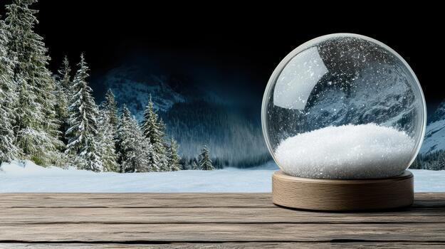 A snow globe sitting on a wooden table with a snowy mountain in the background photo