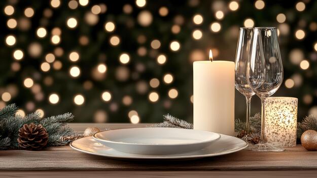 festivo mesa ajuste luz de una vela bokeh resplandor calentar fiesta cena escena foto
